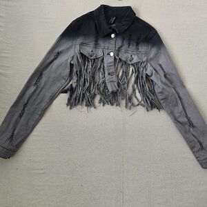 American Bazi Cropped Fringe Denim Jacket Distressed Ombre Festival Boho